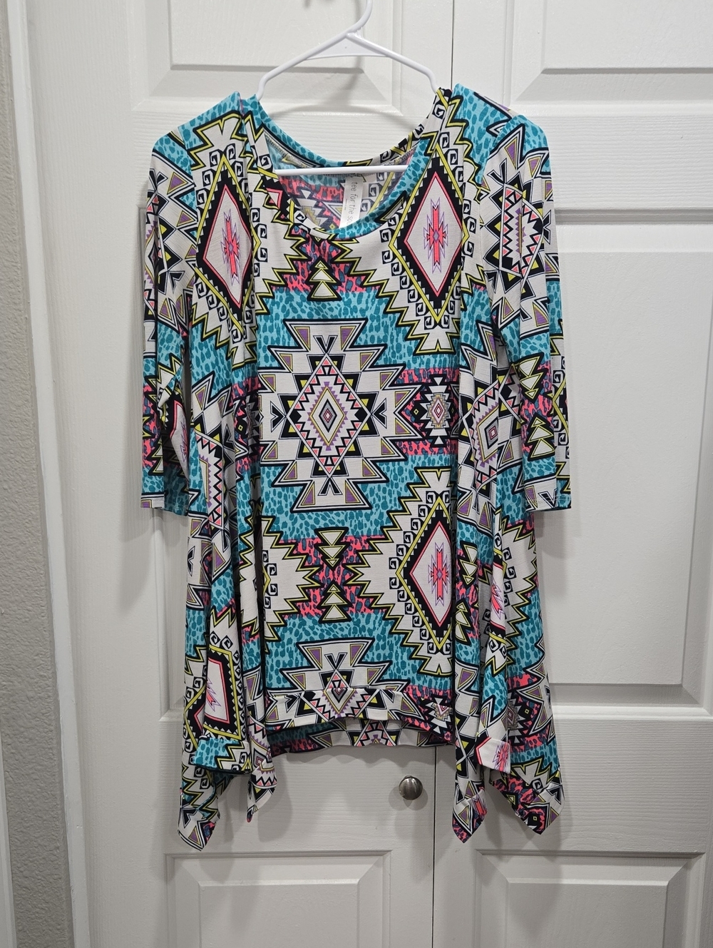 Tee For The Soul Aztec Print Tunic Top - Teal & Pink